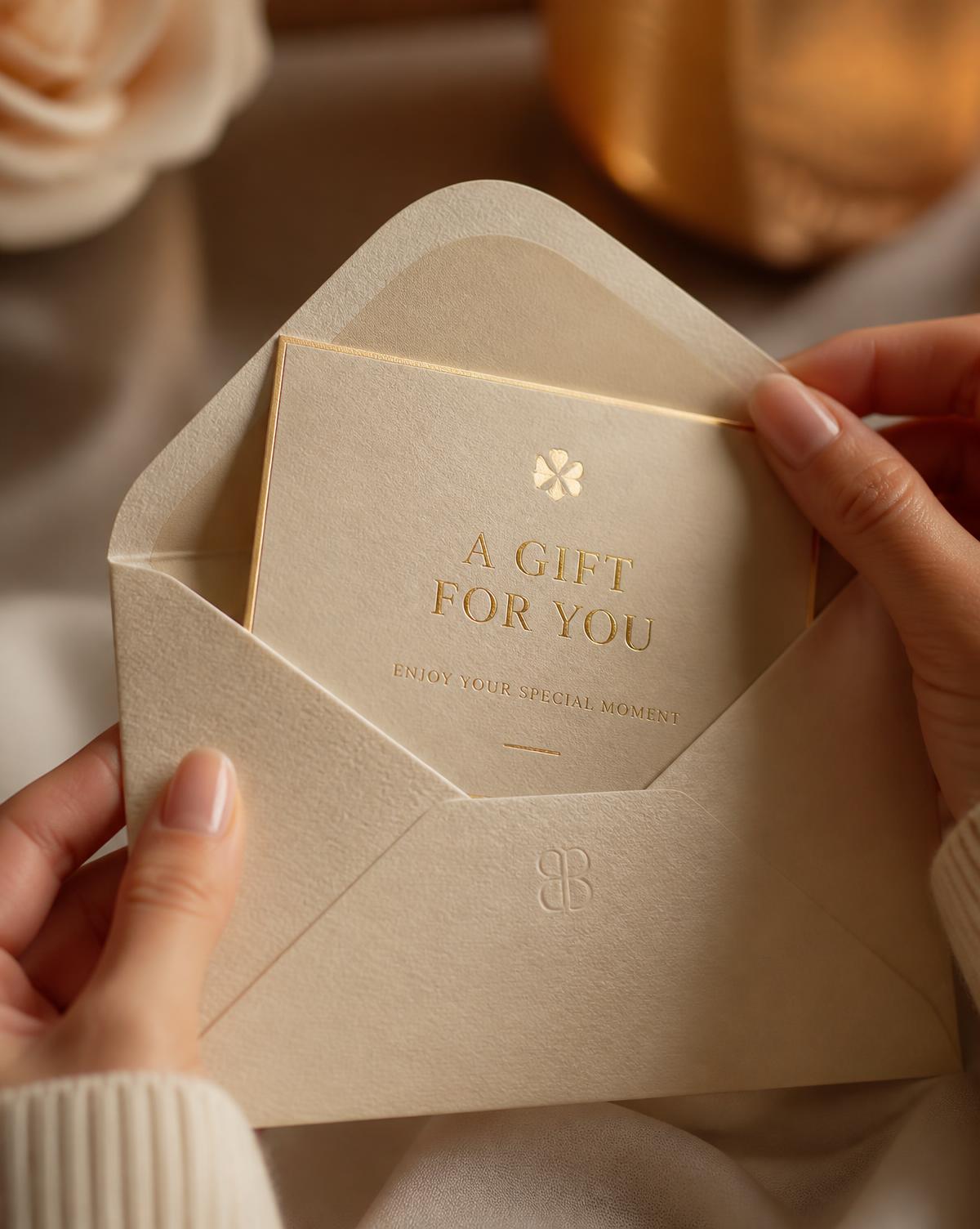 A gift card being pulled from an envelope